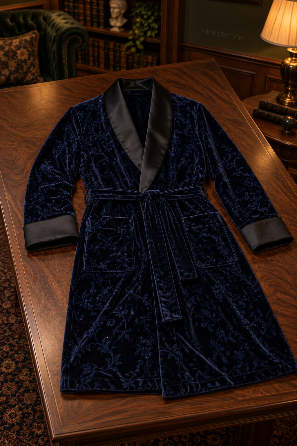 Varenne Dark Blue Velvet Tonal Botanical Smoking Robe — complete robe arranged on a flat table, showing collar, pockets and matching belt