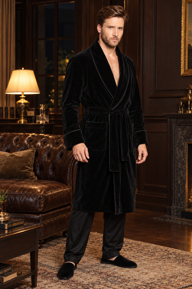 Delmont Black Velvet Piped Velvet Shawl Smoking Robe — full front, below-knee wrap silhouette and matching velvet belt