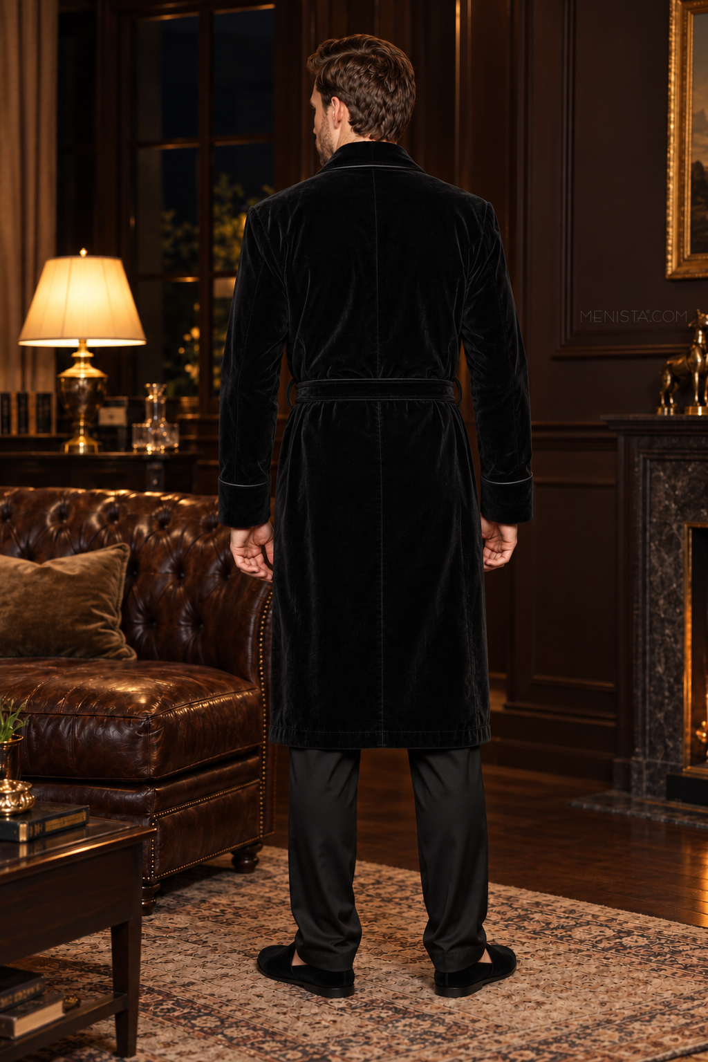 Delmont Black Velvet Piped Velvet Shawl Smoking Robe — full back with matching velvet belt and long hem