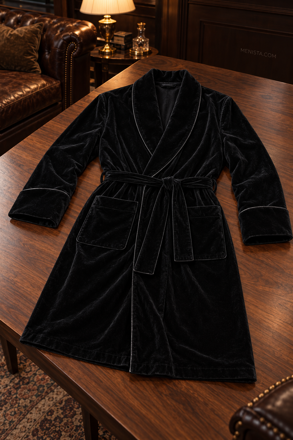 Delmont Black Velvet Piped Velvet Shawl Smoking Robe — complete robe arranged on a flat table, showing collar, pockets and matching belt