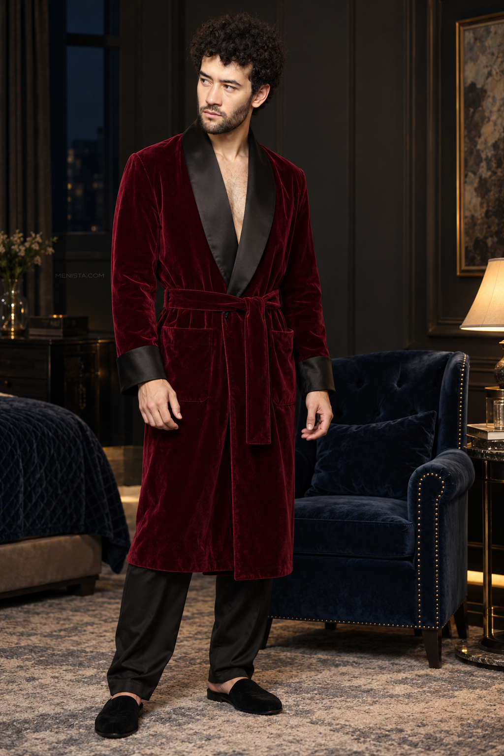 Alden Dark Maroon Velvet Plain Satin Shawl Smoking Robe — full front, below-knee wrap silhouette and matching velvet belt
