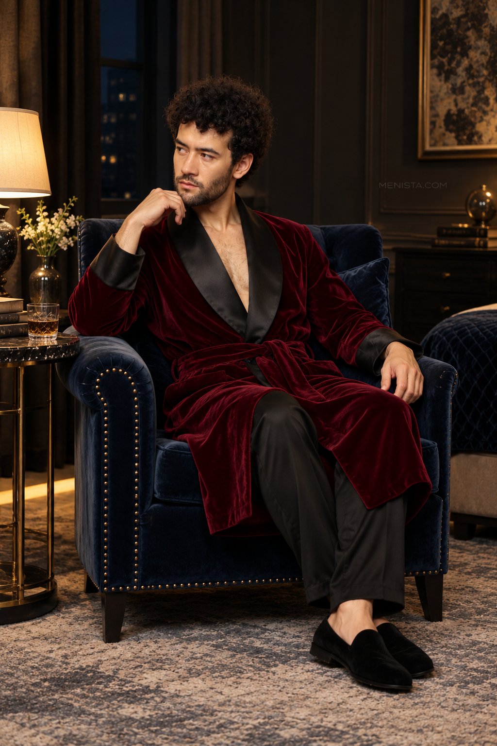 Alden Dark Maroon Velvet Plain Satin Shawl Smoking Robe — side view of the relaxed drape and full sleeves