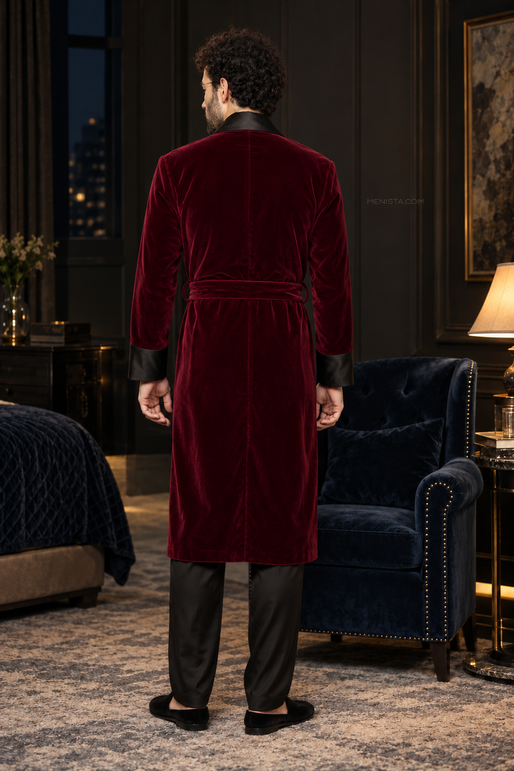 Alden Dark Maroon Velvet Plain Satin Shawl Smoking Robe — full back with matching velvet belt and long hem