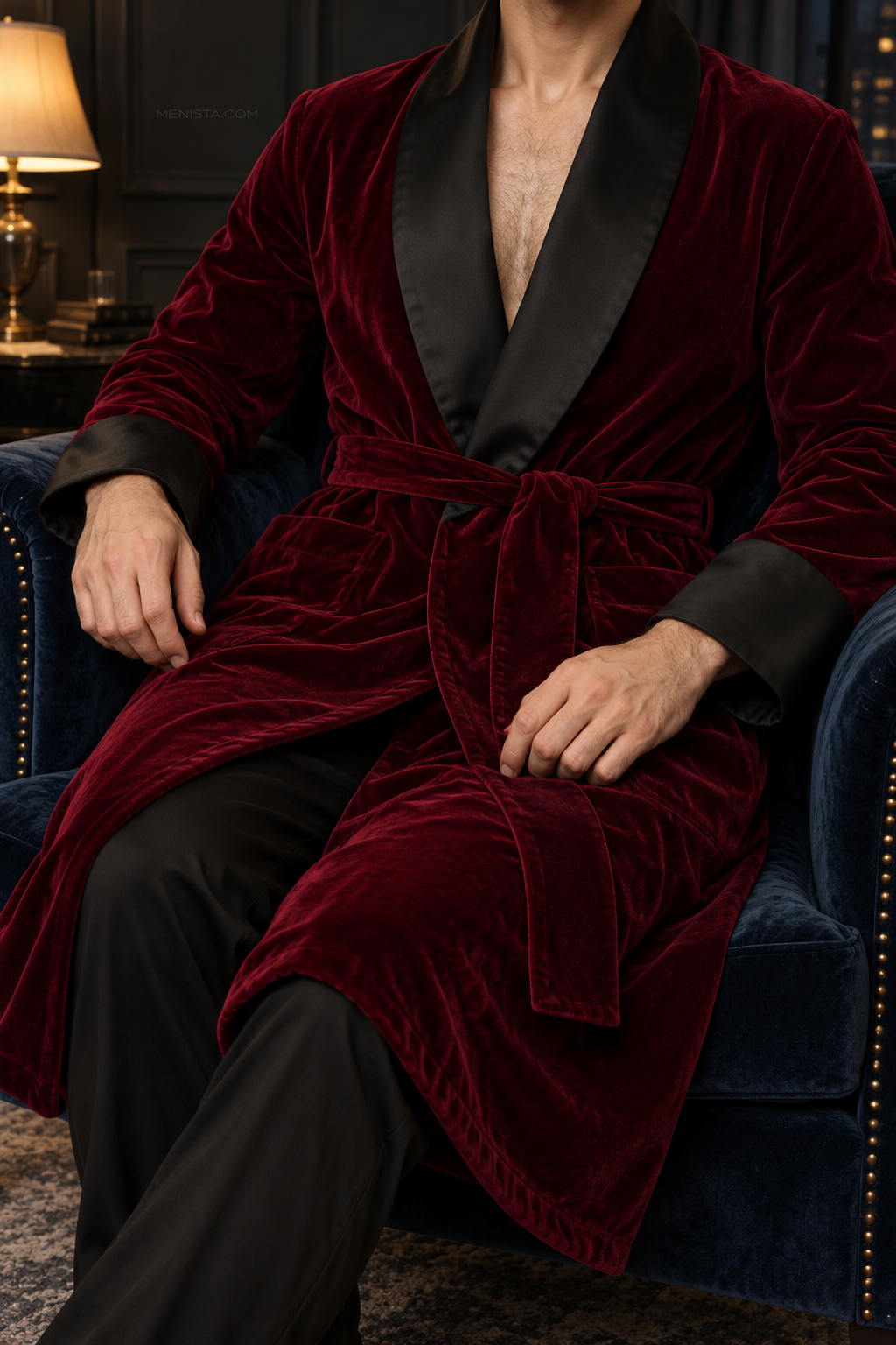 Alden Dark Maroon Velvet Plain Satin Shawl Smoking Robe — close-up of velvet, shawl collar, cuffs and tie belt