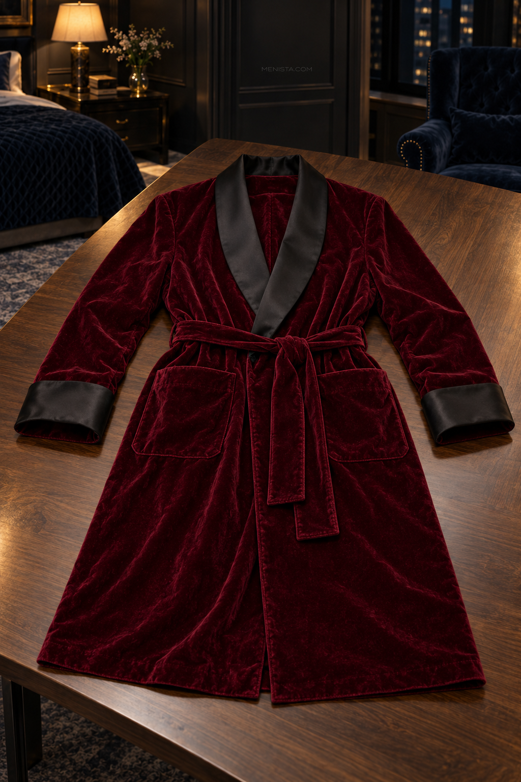 Alden Dark Maroon Velvet Plain Satin Shawl Smoking Robe — complete robe arranged on a flat table, showing collar, pockets and matching belt