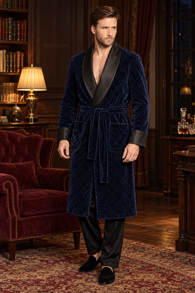Seymour Dark Blue Velvet Tonal Geometric Smoking Robe — full front, below-knee wrap silhouette and matching velvet belt