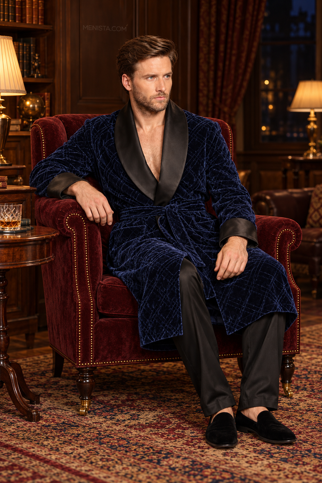 Seymour Dark Blue Velvet Tonal Geometric Smoking Robe — side view of the relaxed drape and full sleeves