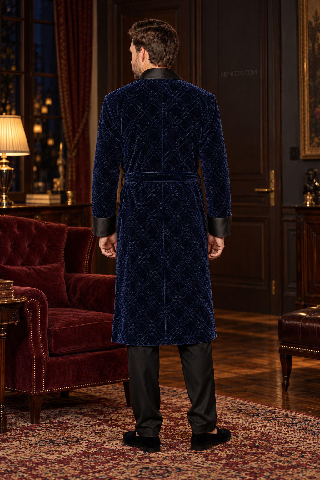 Seymour Dark Blue Velvet Tonal Geometric Smoking Robe — full back with matching velvet belt and long hem