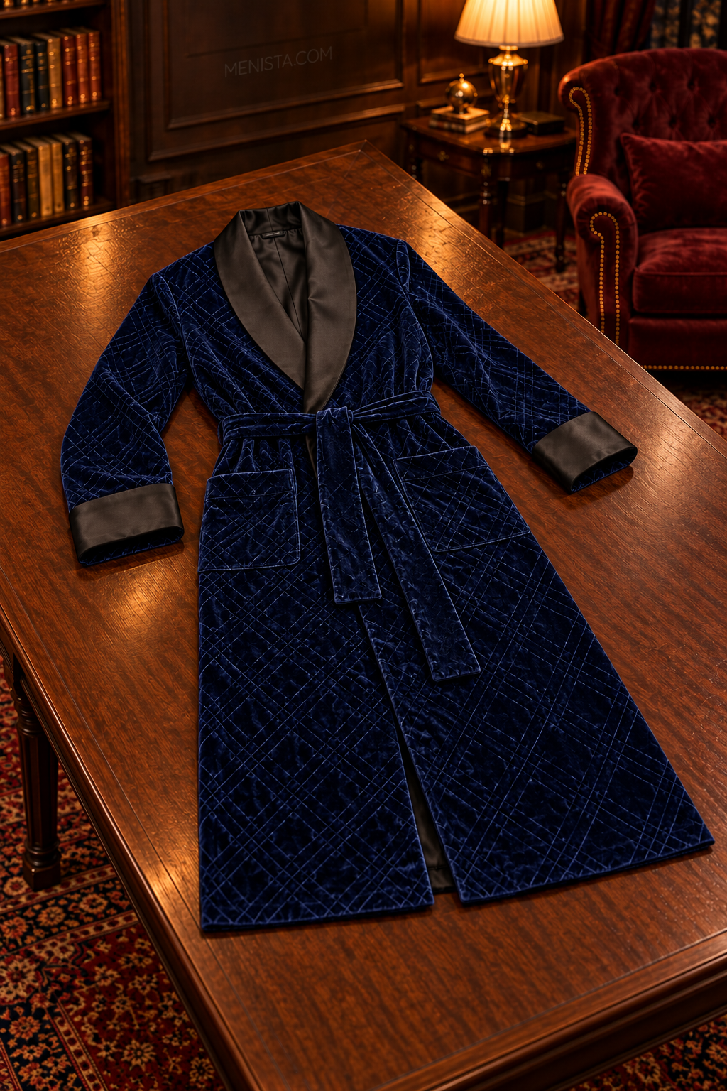Seymour Dark Blue Velvet Tonal Geometric Smoking Robe — complete robe arranged on a flat table, showing collar, pockets and matching belt
