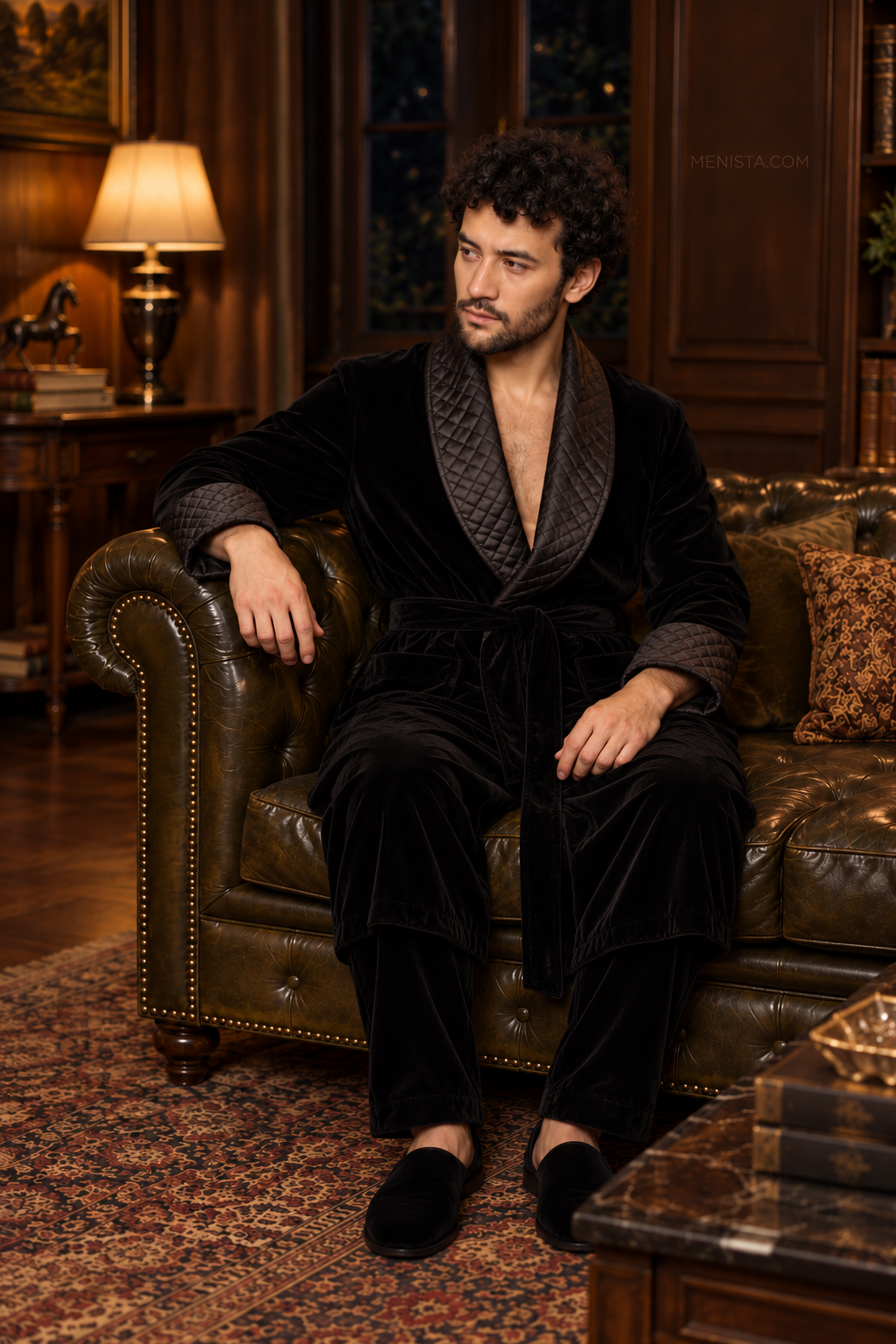 Elmsworth Black Velvet Quilted Shawl Smoking Robe — side view of the relaxed drape and full sleeves