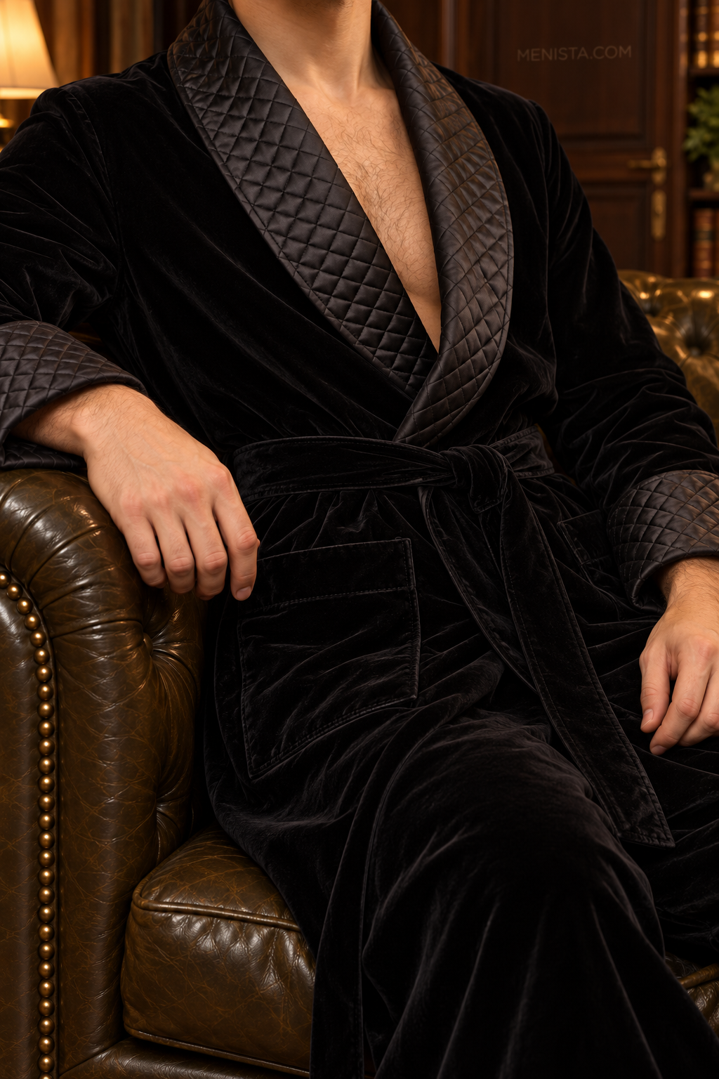 Elmsworth Black Velvet Quilted Shawl Smoking Robe — close-up of velvet, shawl collar, cuffs and tie belt