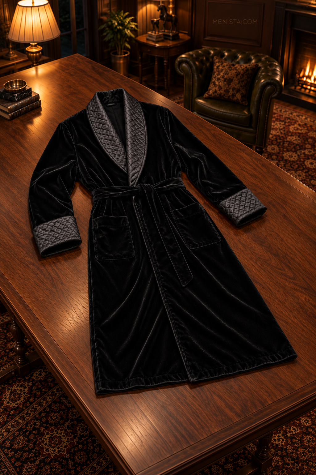 Elmsworth Black Velvet Quilted Shawl Smoking Robe — complete robe arranged on a flat table, showing collar, pockets and matching belt