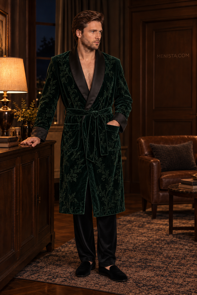 Varenne Dark Green Velvet Tonal Botanical Smoking Robe — full front, below-knee wrap silhouette and matching velvet belt