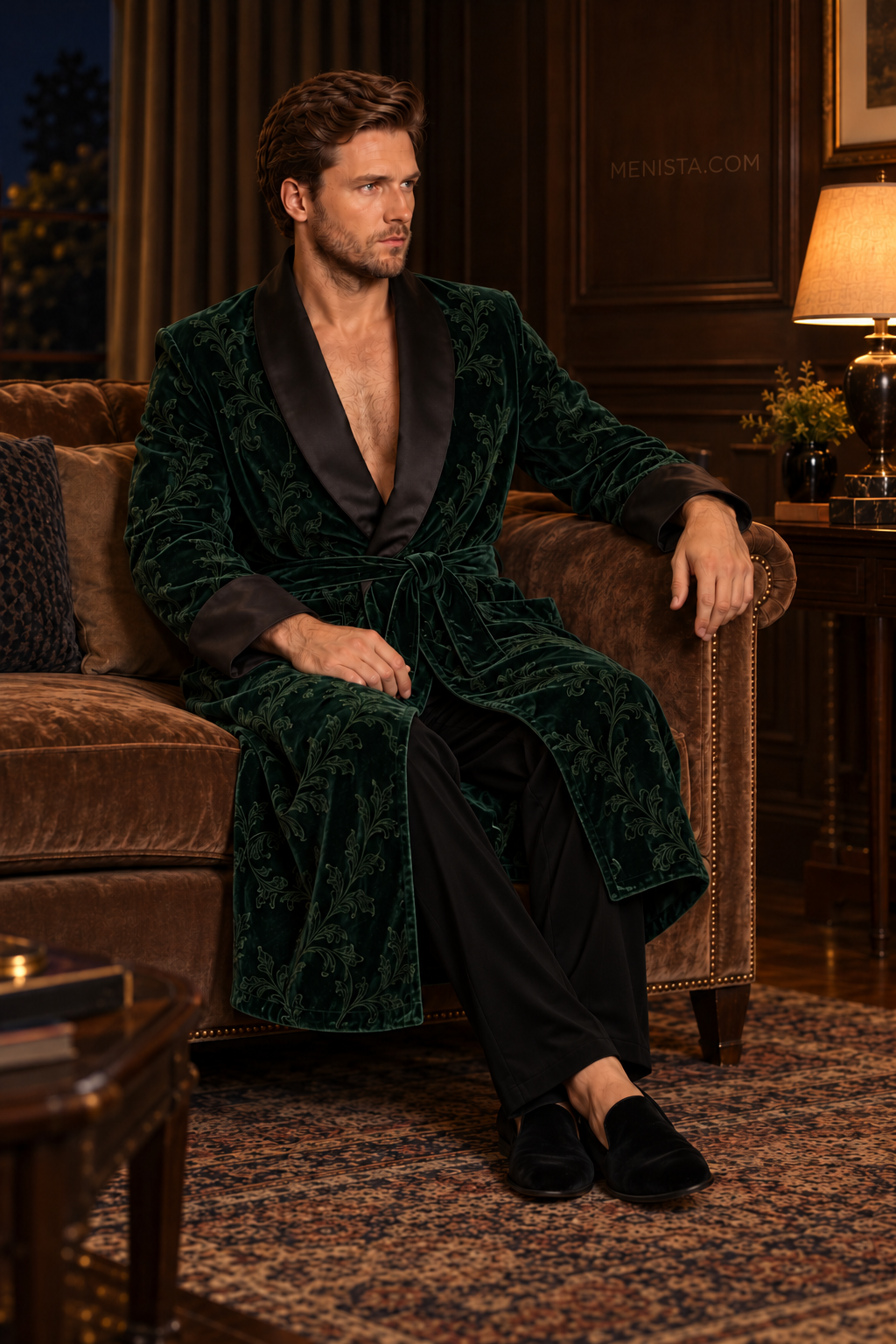 Varenne Dark Green Velvet Tonal Botanical Smoking Robe — side view of the relaxed drape and full sleeves