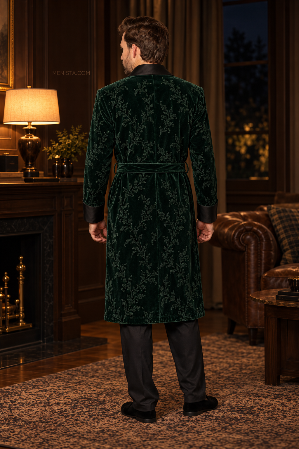 Varenne Dark Green Velvet Tonal Botanical Smoking Robe — full back with matching velvet belt and long hem