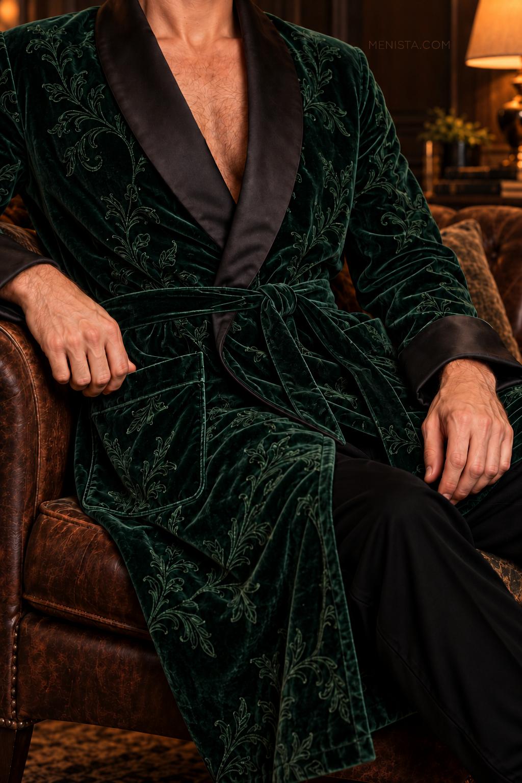 Varenne Dark Green Velvet Tonal Botanical Smoking Robe — close-up of velvet, shawl collar, cuffs and tie belt