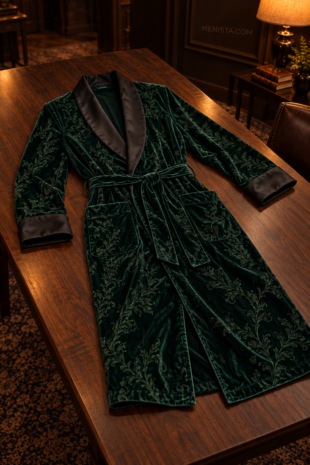 Varenne Dark Green Velvet Tonal Botanical Smoking Robe — complete robe arranged on a flat table, showing collar, pockets and matching belt