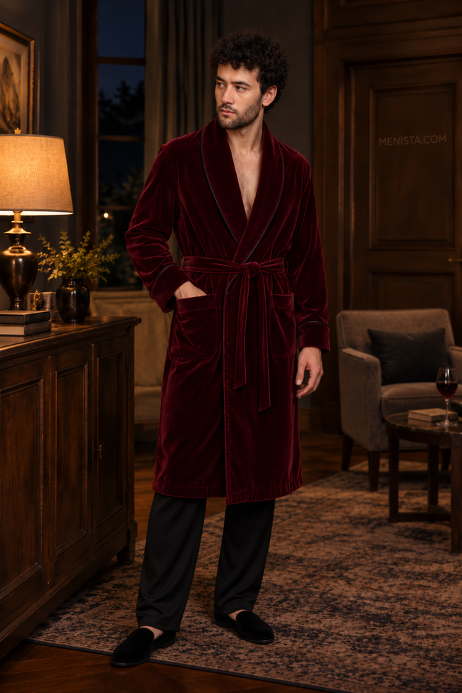 Delmont Dark Maroon Velvet Piped Velvet Shawl Smoking Robe — full front, below-knee wrap silhouette and matching velvet belt