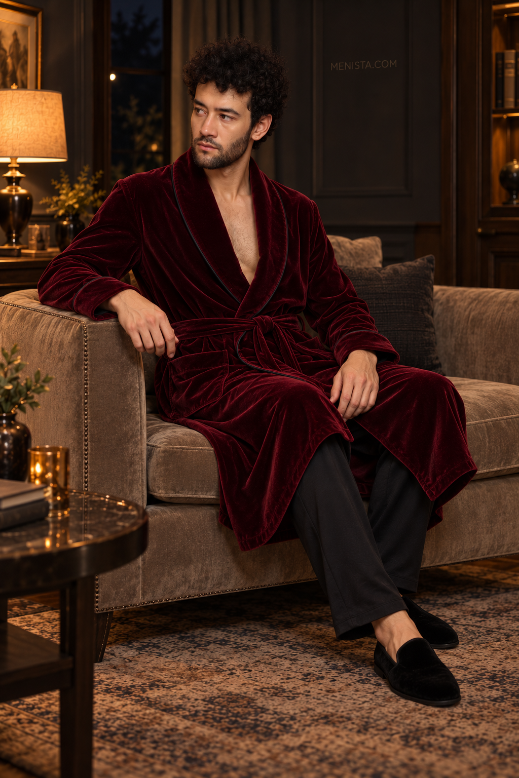 Delmont Dark Maroon Velvet Piped Velvet Shawl Smoking Robe — side view of the relaxed drape and full sleeves