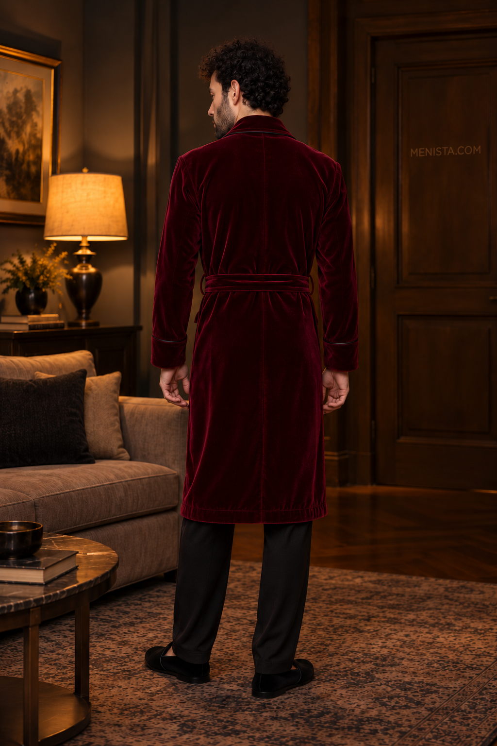 Delmont Dark Maroon Velvet Piped Velvet Shawl Smoking Robe — full back with matching velvet belt and long hem