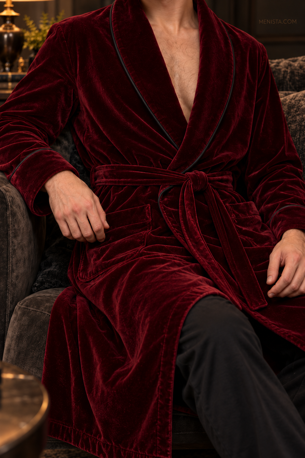 Delmont Dark Maroon Velvet Piped Velvet Shawl Smoking Robe — close-up of velvet, shawl collar, cuffs and tie belt
