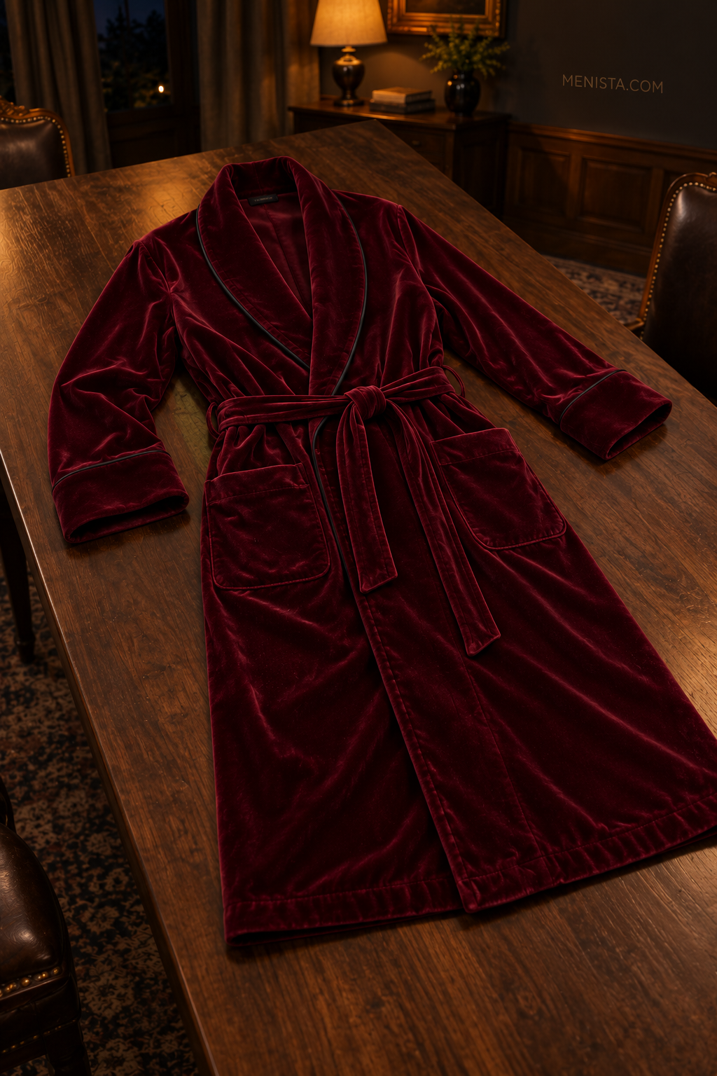 Delmont Dark Maroon Velvet Piped Velvet Shawl Smoking Robe — complete robe arranged on a flat table, showing collar, pockets and matching belt