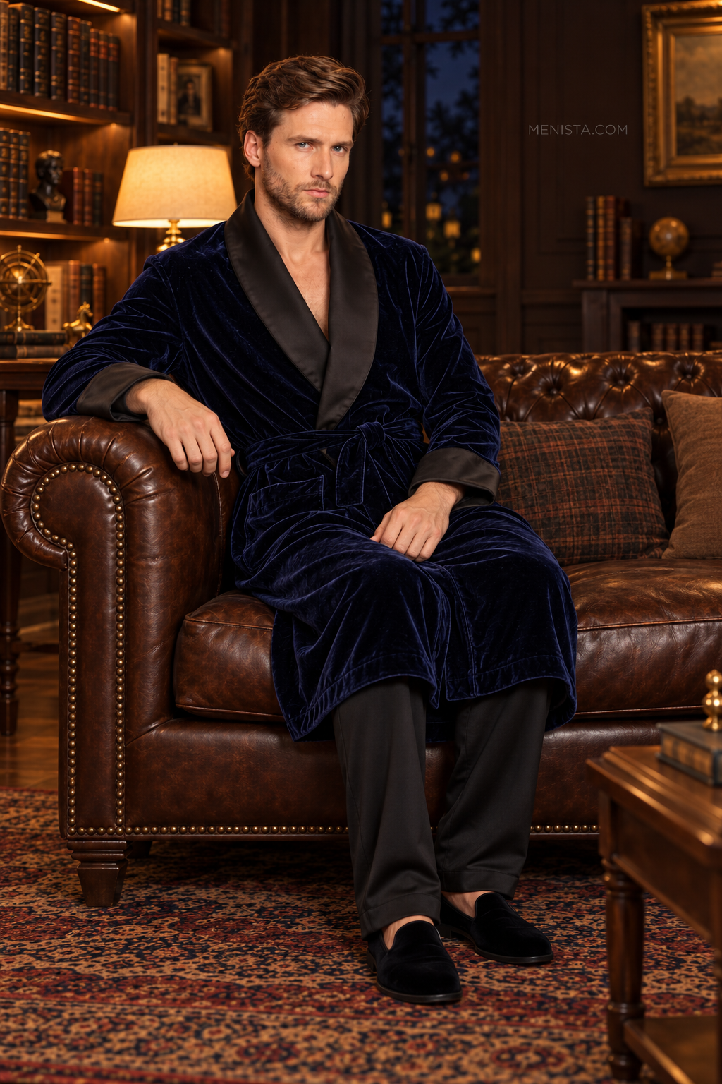 Alden Dark Blue Velvet Plain Satin Shawl Smoking Robe — side view of the relaxed drape and full sleeves