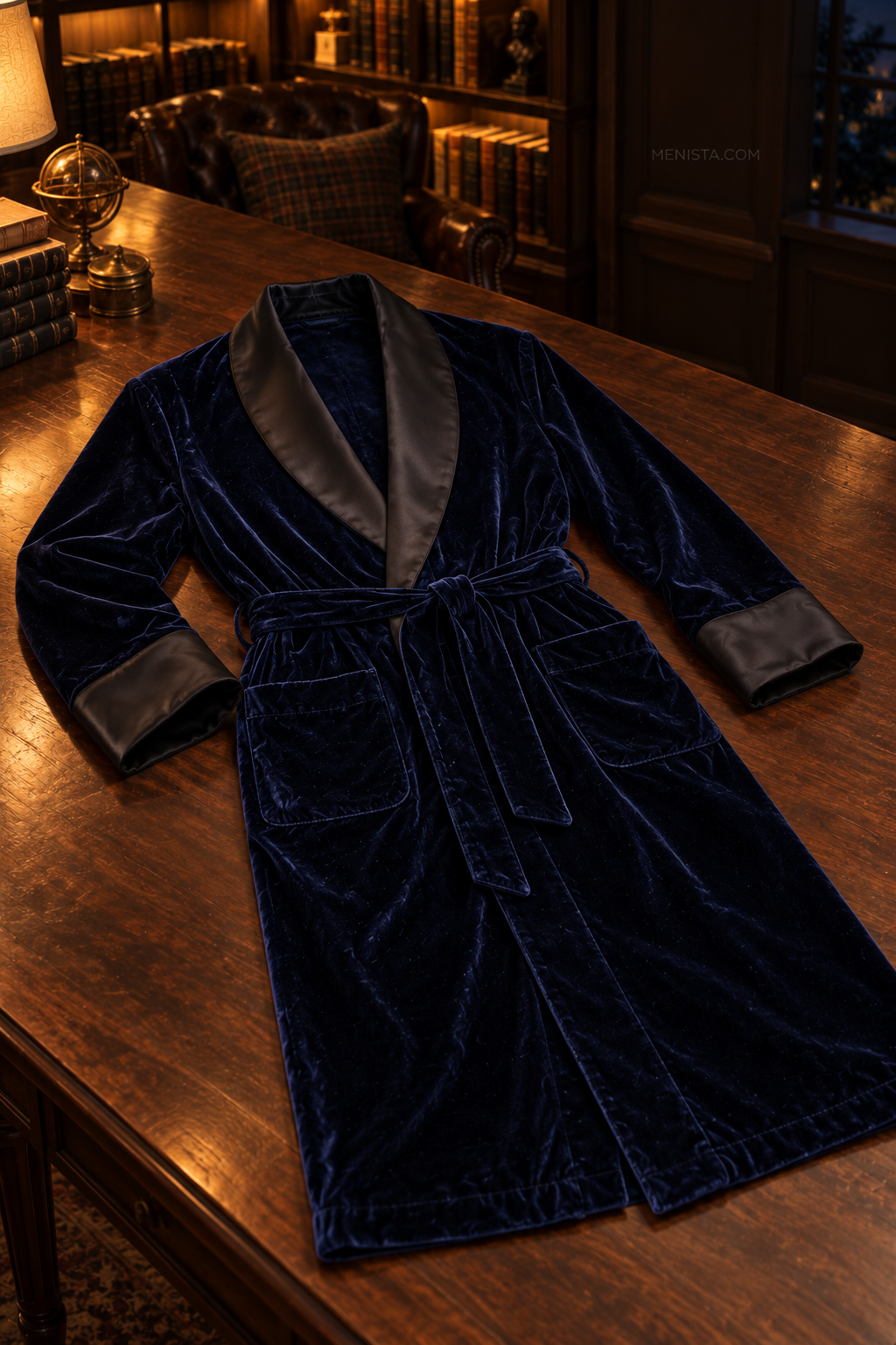 Alden Dark Blue Velvet Plain Satin Shawl Smoking Robe — complete robe arranged on a flat table, showing collar, pockets and matching belt