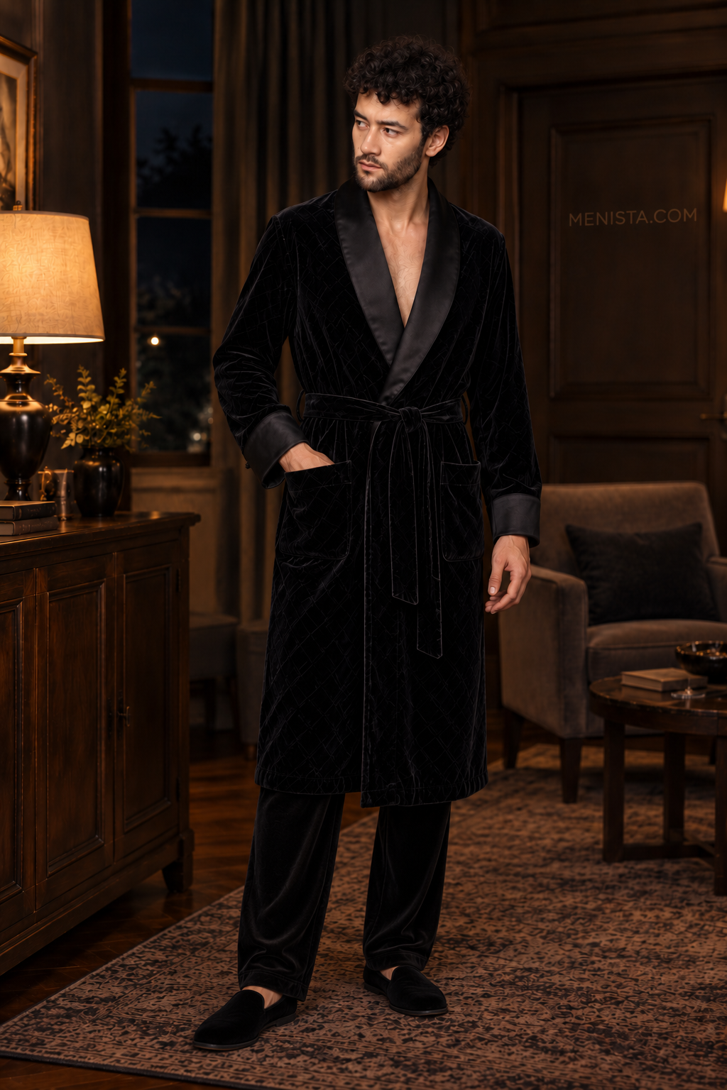 Seymour Black Velvet Tonal Geometric Smoking Robe — full front, below-knee wrap silhouette and matching velvet belt