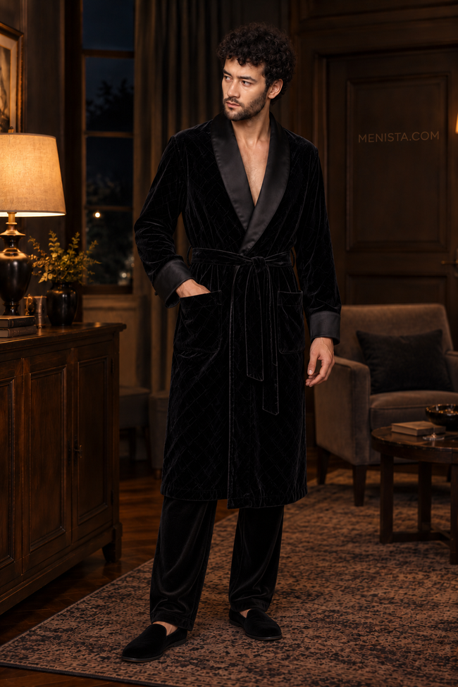 Seymour Black Velvet Tonal Geometric Smoking Robe — full front, below-knee wrap silhouette and matching velvet belt