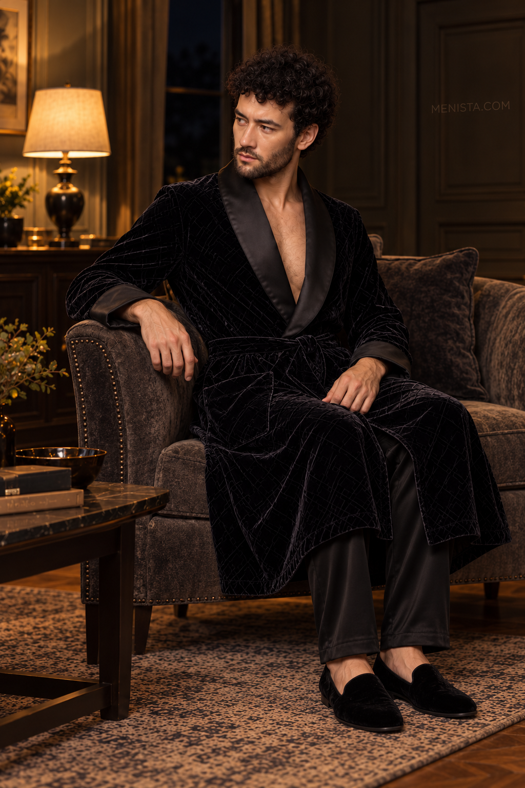 Seymour Black Velvet Tonal Geometric Smoking Robe — side view of the relaxed drape and full sleeves