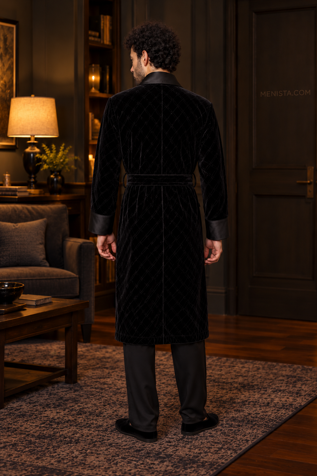 Seymour Black Velvet Tonal Geometric Smoking Robe — full back with matching velvet belt and long hem