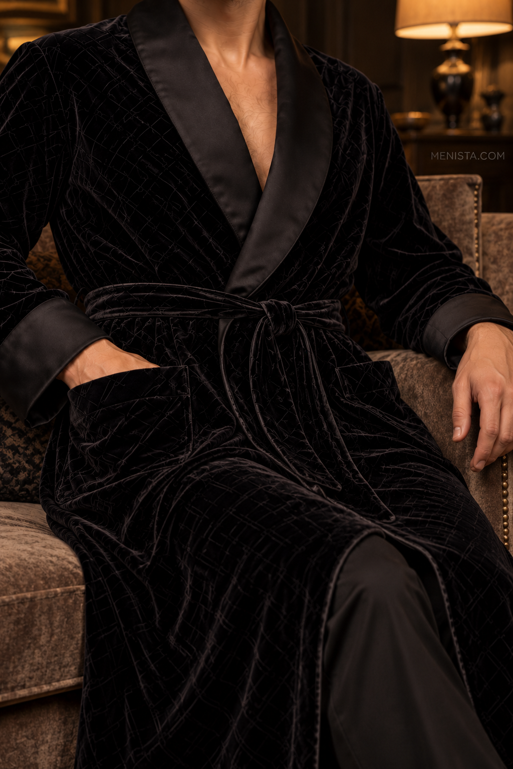 Seymour Black Velvet Tonal Geometric Smoking Robe — close-up of velvet, shawl collar, cuffs and tie belt