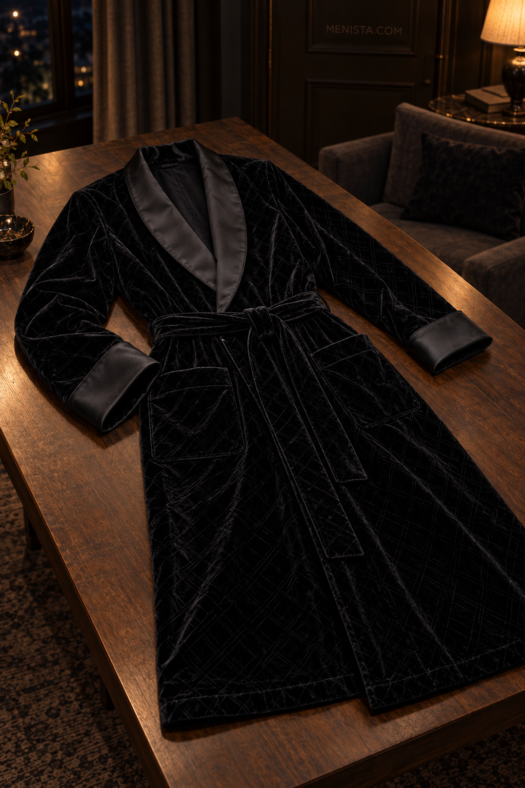 Seymour Black Velvet Tonal Geometric Smoking Robe — complete robe arranged on a flat table, showing collar, pockets and matching belt