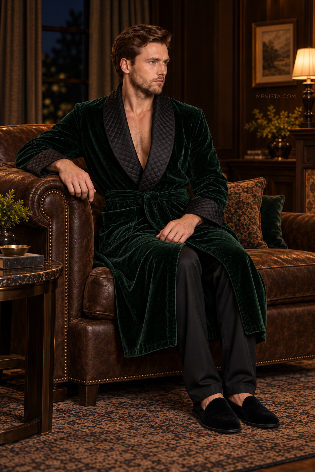 Elmsworth Dark Green Velvet Quilted Shawl Smoking Robe — side view of the relaxed drape and full sleeves