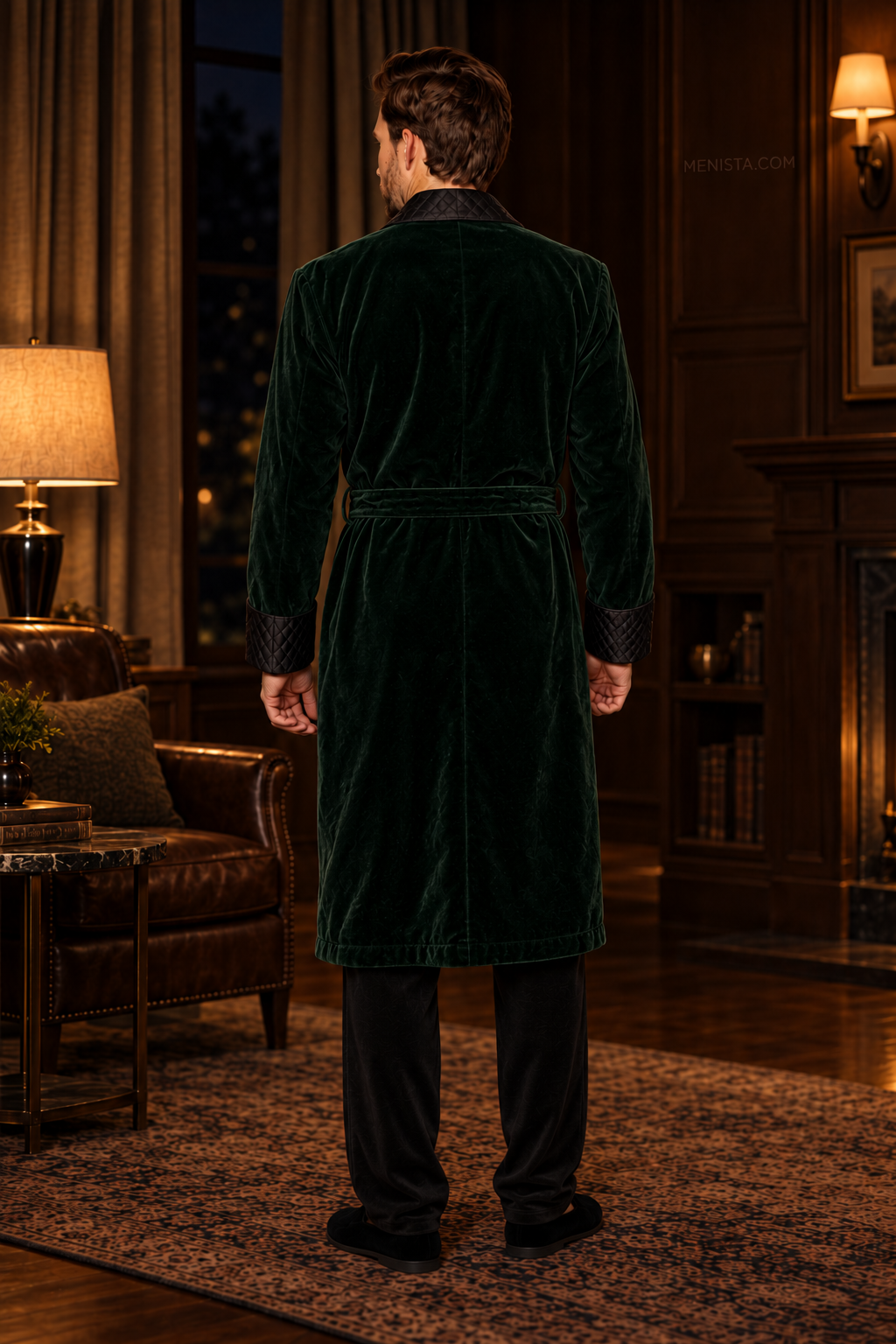 Elmsworth Dark Green Velvet Quilted Shawl Smoking Robe — full back with matching velvet belt and long hem