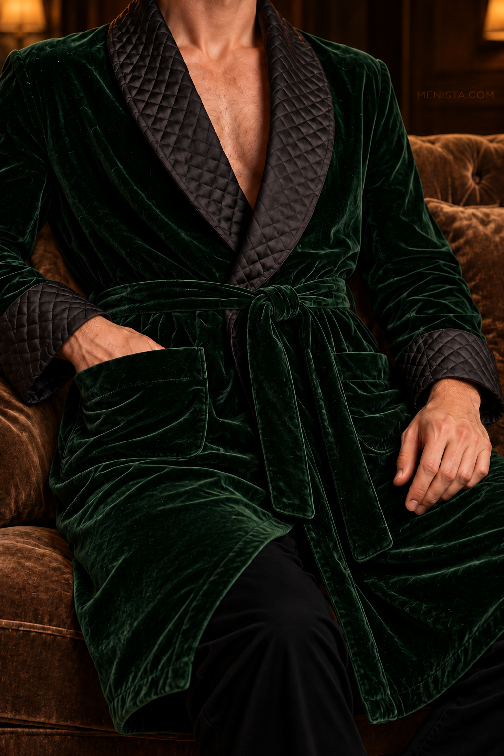 Elmsworth Dark Green Velvet Quilted Shawl Smoking Robe — close-up of velvet, shawl collar, cuffs and tie belt