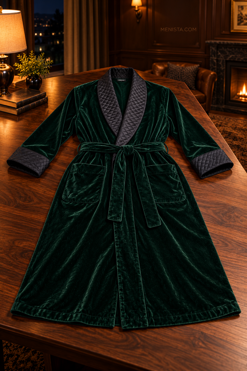 Elmsworth Dark Green Velvet Quilted Shawl Smoking Robe — complete robe arranged on a flat table, showing collar, pockets and matching belt