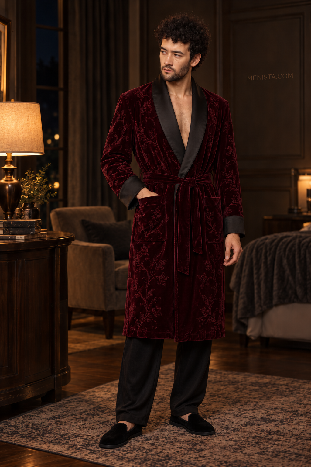 Varenne Dark Maroon Velvet Tonal Botanical Smoking Robe — full front, below-knee wrap silhouette and matching velvet belt