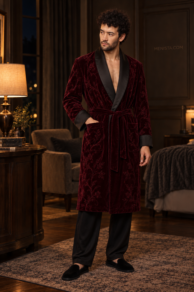 Varenne Dark Maroon Velvet Tonal Botanical Smoking Robe — full front, below-knee wrap silhouette and matching velvet belt