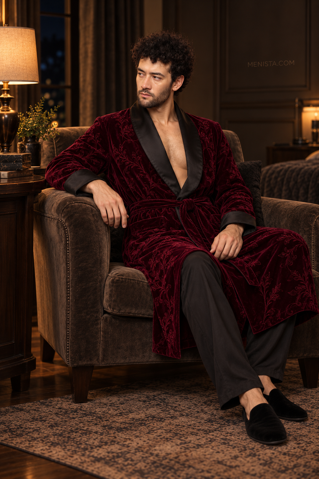 Varenne Dark Maroon Velvet Tonal Botanical Smoking Robe — side view of the relaxed drape and full sleeves