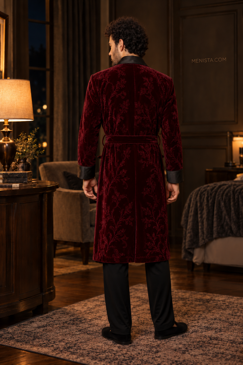 Varenne Dark Maroon Velvet Tonal Botanical Smoking Robe — full back with matching velvet belt and long hem