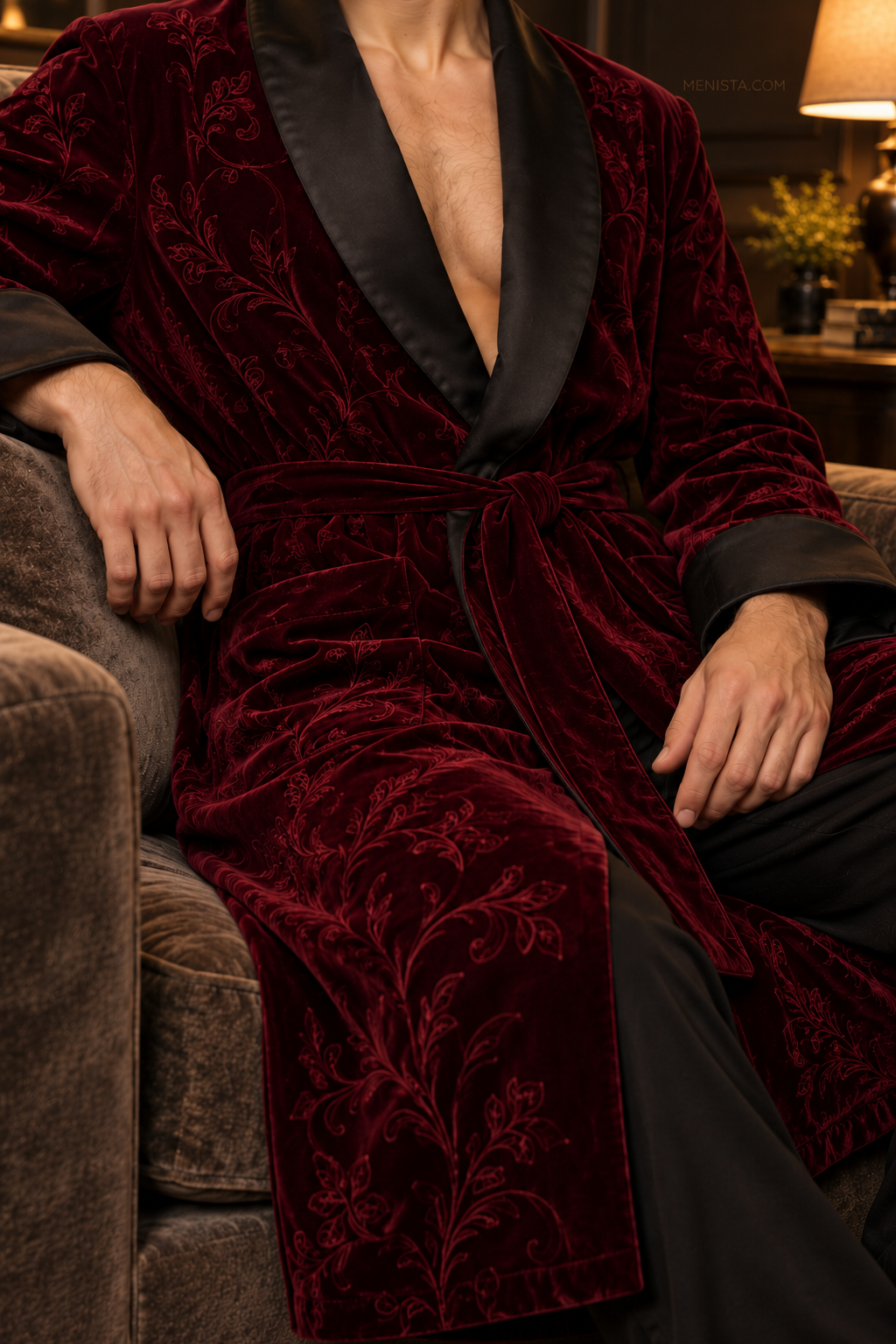 Varenne Dark Maroon Velvet Tonal Botanical Smoking Robe — close-up of velvet, shawl collar, cuffs and tie belt
