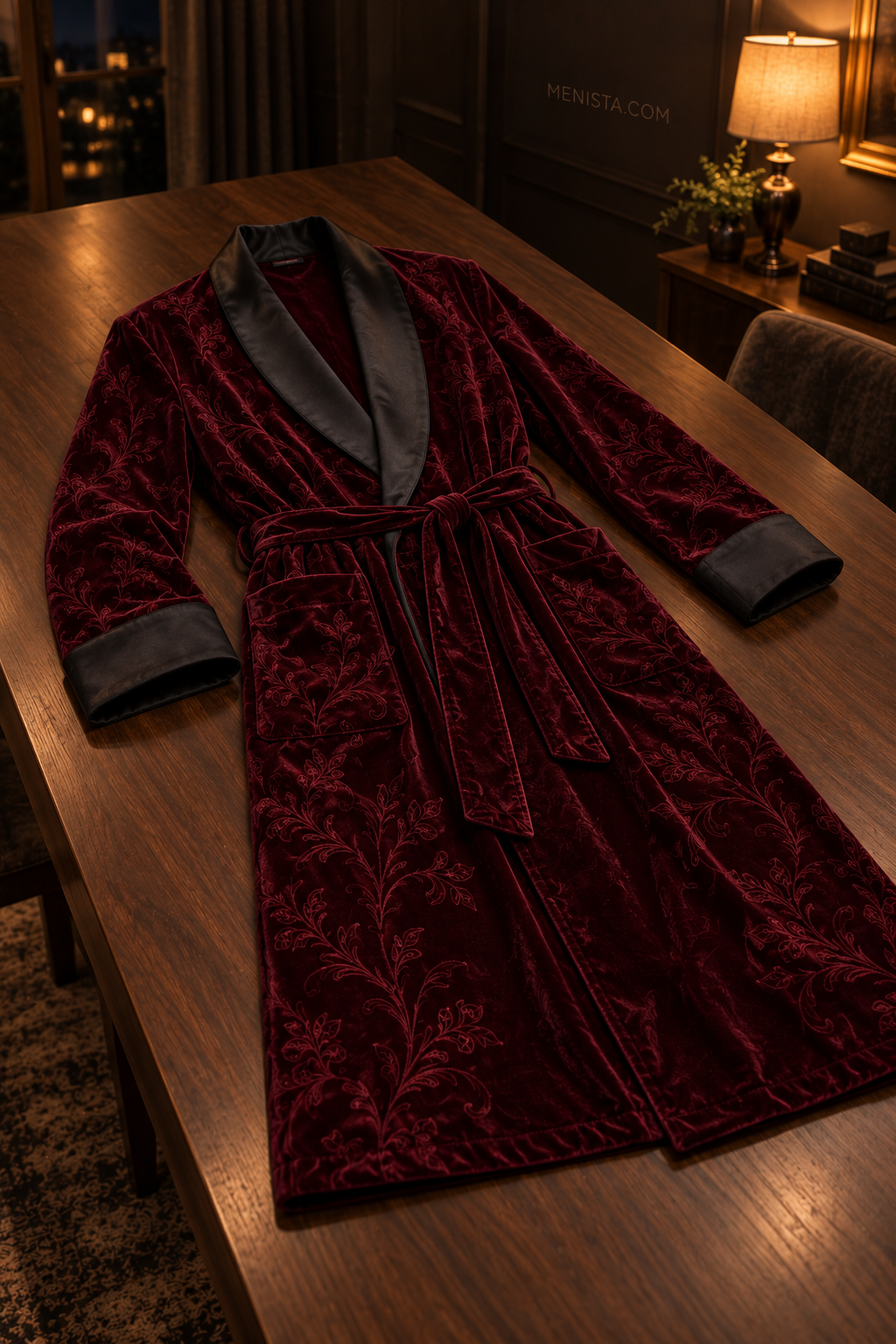 Varenne Dark Maroon Velvet Tonal Botanical Smoking Robe — complete robe arranged on a flat table, showing collar, pockets and matching belt