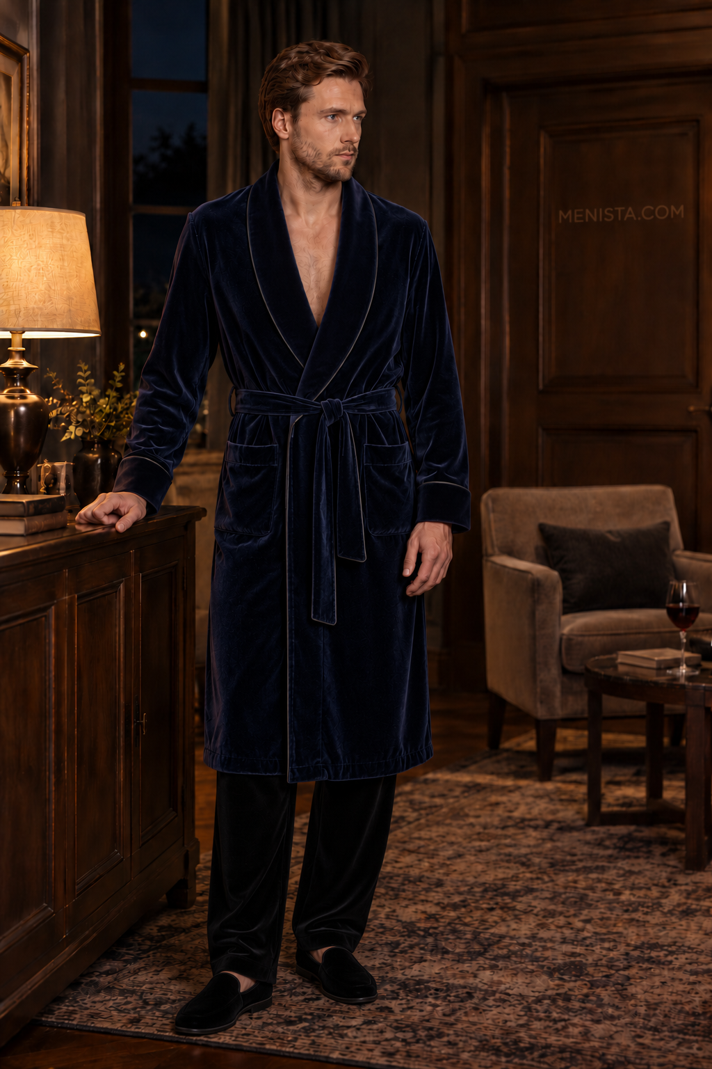Delmont Dark Blue Velvet Piped Velvet Shawl Smoking Robe — full front, below-knee wrap silhouette and matching velvet belt