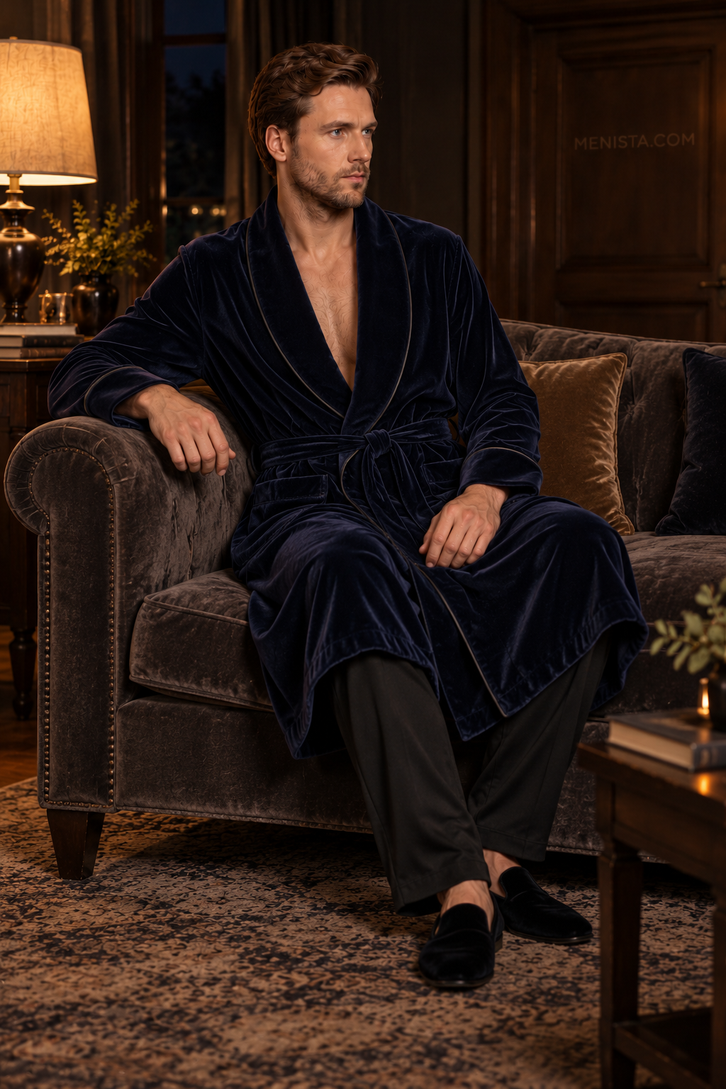 Delmont Dark Blue Velvet Piped Velvet Shawl Smoking Robe — side view of the relaxed drape and full sleeves