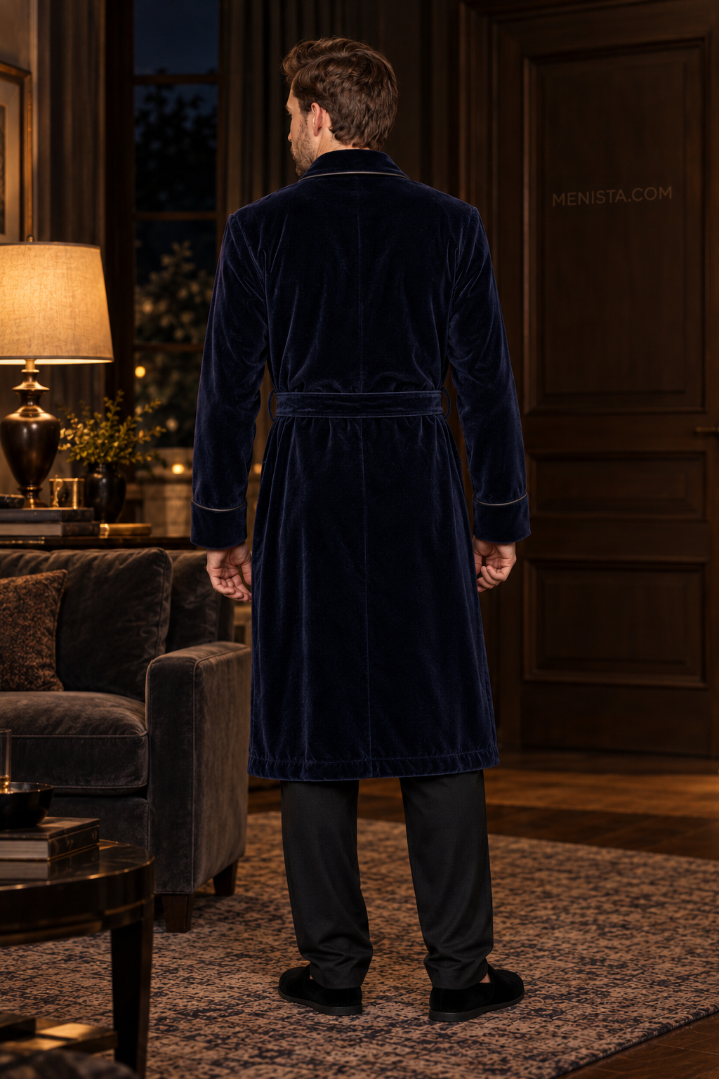 Delmont Dark Blue Velvet Piped Velvet Shawl Smoking Robe — full back with matching velvet belt and long hem