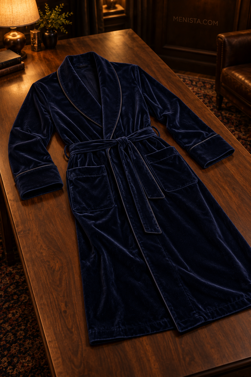 Delmont Dark Blue Velvet Piped Velvet Shawl Smoking Robe — complete robe arranged on a flat table, showing collar, pockets and matching belt