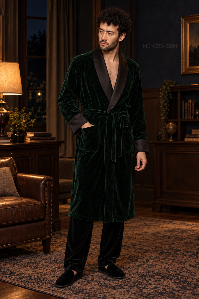 Alden Dark Green Velvet Plain Satin Shawl Smoking Robe — full front, below-knee wrap silhouette and matching velvet belt
