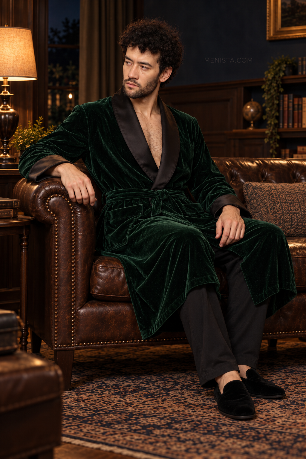Alden Dark Green Velvet Plain Satin Shawl Smoking Robe — side view of the relaxed drape and full sleeves